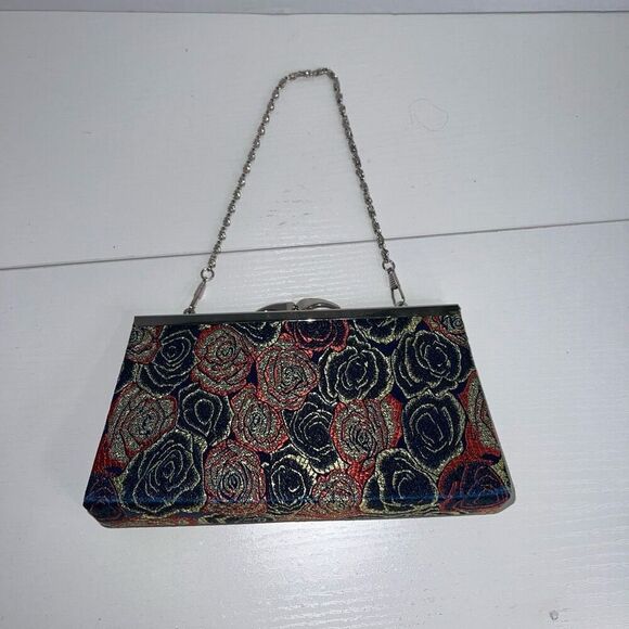 Vintage Clutch Purse Fabric Rose Sparkly Blue Red Green Silver Clasp Hard Case - Picture 1 of 6